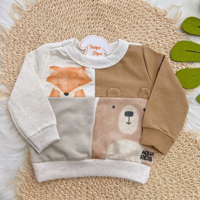 Conj. Blusão Raposa com Urso e Calça de Moletom - Areia e Marrom